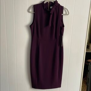 Calvin Klein Sleeveless Plum Sheath Dress with Neck Tie